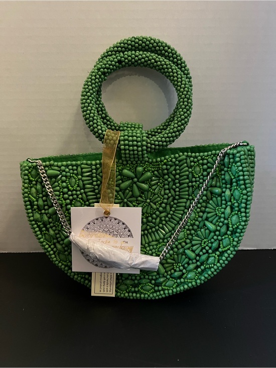 Made in India Handbags - Green Beaded Half-Moon Mini Bag with Chain Strap